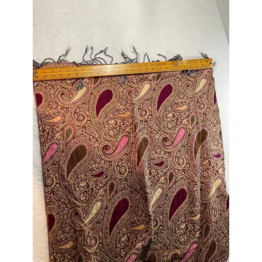 Boho Paisley Pashmina Shawl Scarf Burgundy Pink Gold Fringe Wrap 28x76